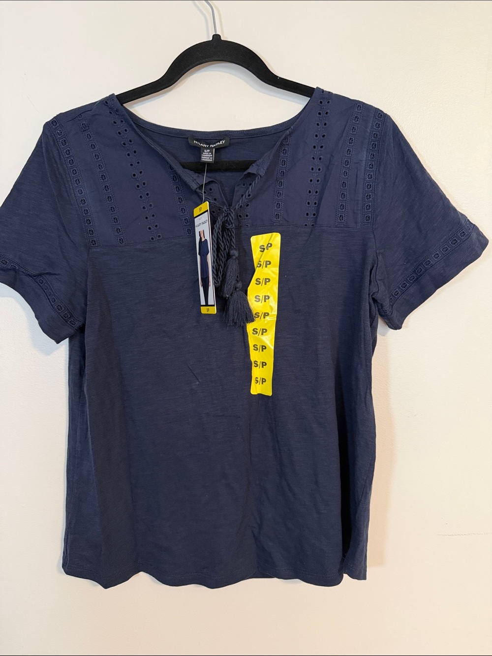 Hilary Radley Navy Eyelet Tassel Short Sleeve Top